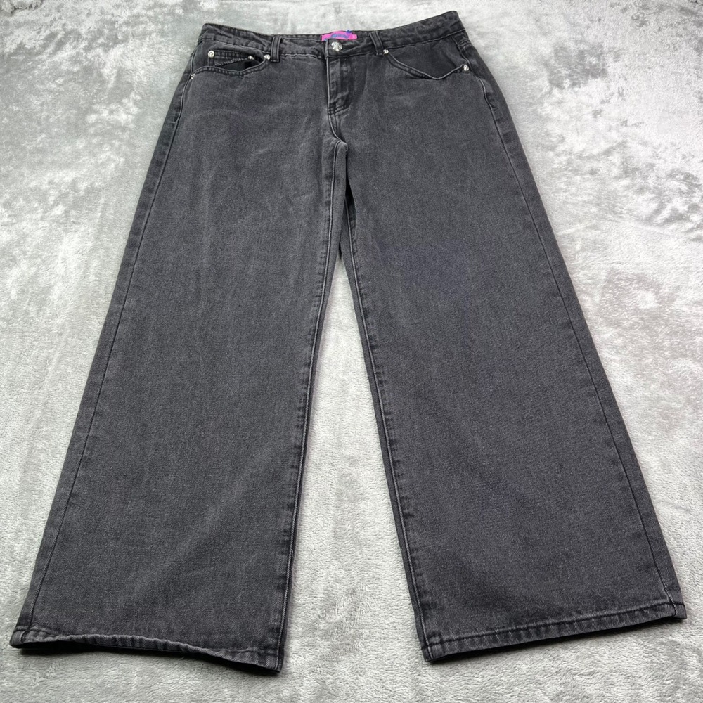 Edikted Wide Leg Jeans Womens Medium Black Solid Rhinestone Baggy Streetwear